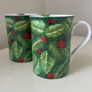 2 KONITZ GERMANY Lady Bug Ladybugs Coffee Mugs Tea Cups green leaves red ladybug